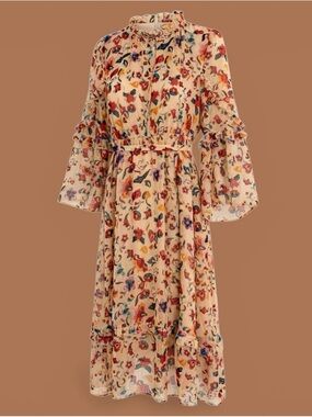 French Connection Peach Floral Belted Dress with Multicolor Print